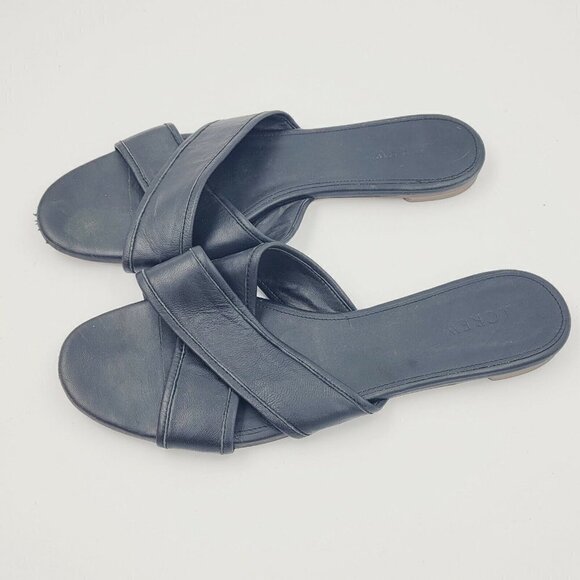 J. Crew Cora Black Leather Two Strap Slide Sandals Size 9 - Picture 2 of 10